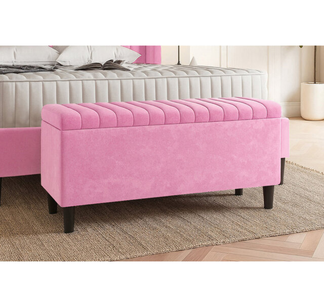 Plush Velvet Lined Upholstered Ottoman Storage Box with Wooden Legs