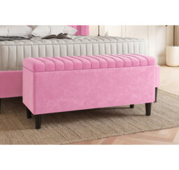 Plush Velvet Lined Upholstered Ottoman Storage Box with Wooden Legs