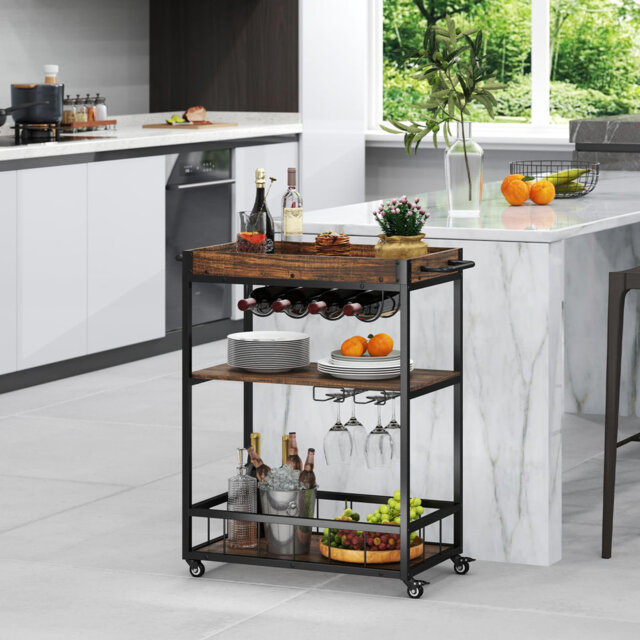 Mobile Kitchen Serving Trolley With Removable Tray And Glass Holder