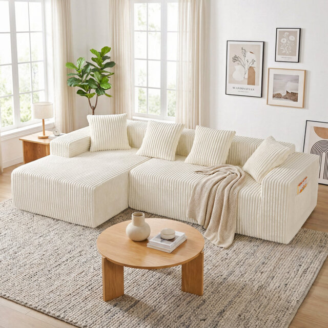 Modern Oversized Corner Sofa L-Shaped Corduroy Sofa With Storage Pockets
