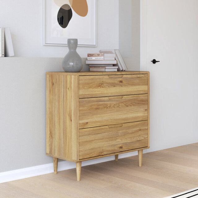Mid-Century-Modern chest of drawers, EasyKlix by Forte quick assembly system, 3 drawers, tall feet, engineered wood, oak decor, 89.9 cm W x 93 cm H x
