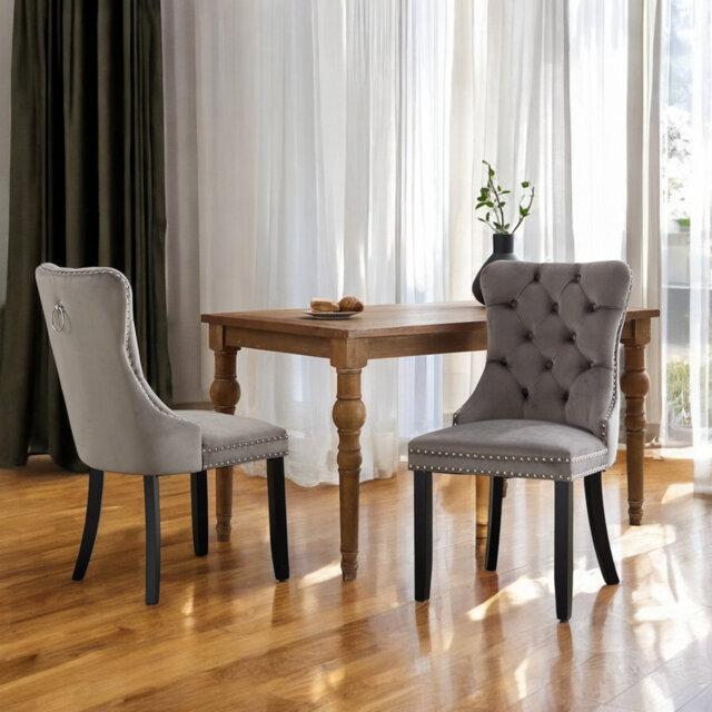 Miya Upholstered Velvet Dining Chair Button Tufted with Brushed Wood Legs Kitchen Lounge Chairs