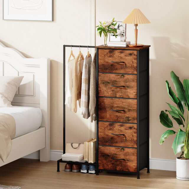 Chest Of Drawers With Clothes Rail & 5 Fabric Drawers, Reversible Storage Cabinet For Bedroom, Closet, Entryway, Hallway, Kids Room, Dorm & Living Roo