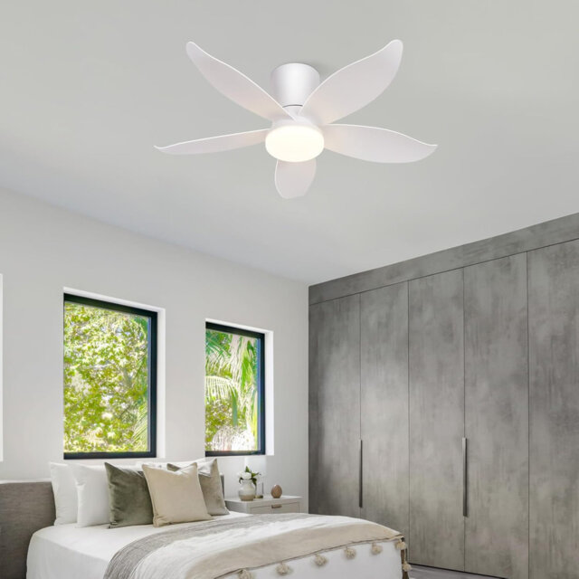 Ceiling fans with lights - Quiet ceiling fan with light, 5 blades, white, dimmable ceiling light with fan, 6 speeds with remote control for bedroom an