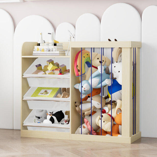 Johnson Kids Bookcase & Toy Storage Organiser With 3 Removable Plastic Boxes, Wooden Children's Bookshelf With Elastic Sling Pockets For Playroom, Bed