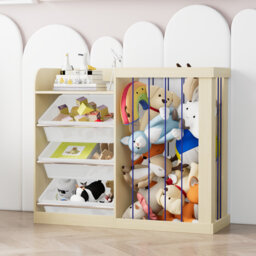Johnson Kids Bookcase & Toy Storage Organiser With 3 Removable Plastic Boxes, Wooden Children's Bookshelf With Elastic Sling Pockets For Playroom, Bed