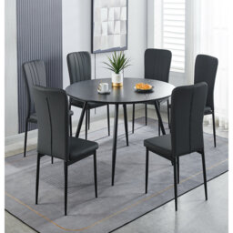 Cullompton Large Round Dining Table 120Cm, Marble Effect Top, With 6 Black Faux Leather High Back Chairs