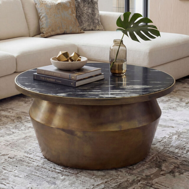 Round White Marble Coffee Table with Iron Base