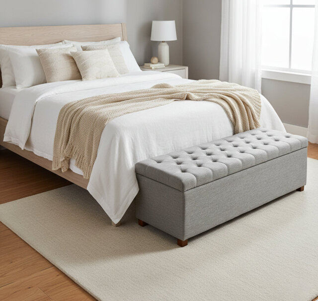 Linoso Chesterfield Storage Ottoman Bench, Tufted Upholstered Footstool with Hinged Lid and Square Wooden Legs