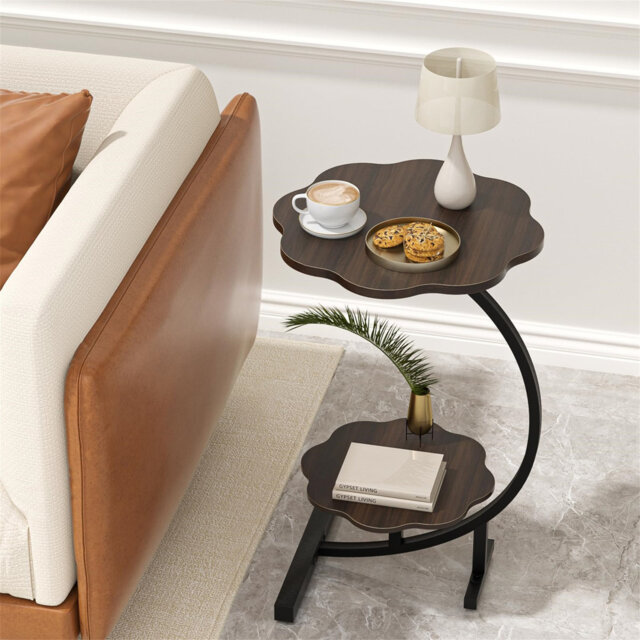 Flower Shape Side Table, 2-Tier Plant Stand Storage Shelf, Walnut Wood Effect & Strong Carbon Steel Frame, Multi-Use End Table, Bedside, Sofa Side Cor