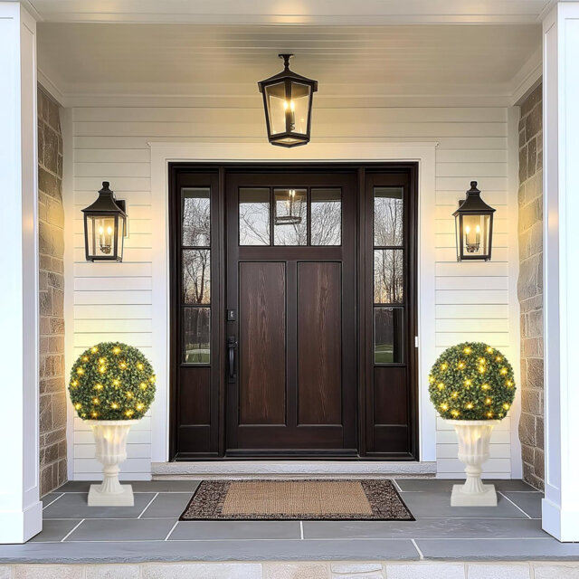 2 Pieces of Artificial Boxwood Balls, 16 Inch Simulated Plant Balls with Lights, 8 Adjustable Light Modes, Suitable for Outdoor Balcony, Garden Home D