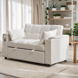 Beige Non-woven Fabric 2 Seater Click Clack Sofa Bed, Pull Out Sofa Bed, Futon Sofa Recliner, with Cup Holders and Hidden table, USB & Type-C, 3-Gear