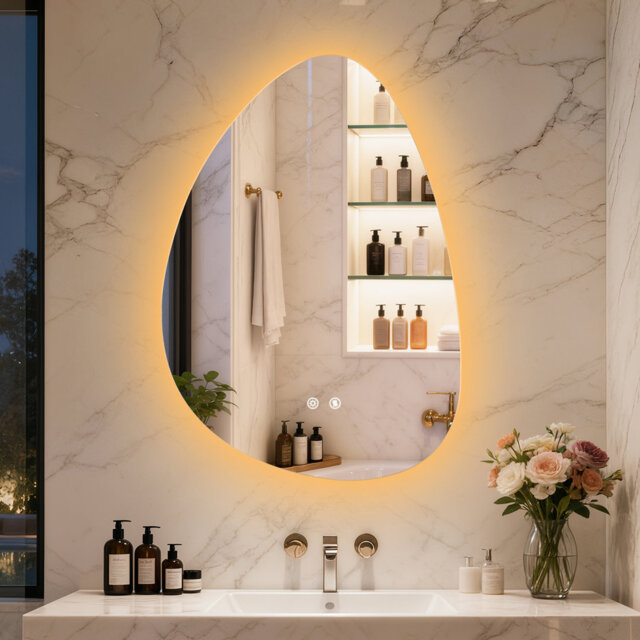 Asymmetrical Backlit Lighted Bathroom Mirror 3 Lighting Colors Defog 500X700Mm
