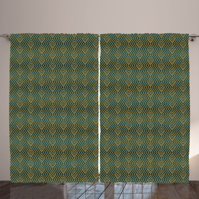 Rustic curtain, retro serrated motif, Art Deco, dark blue -green and dark mustard
