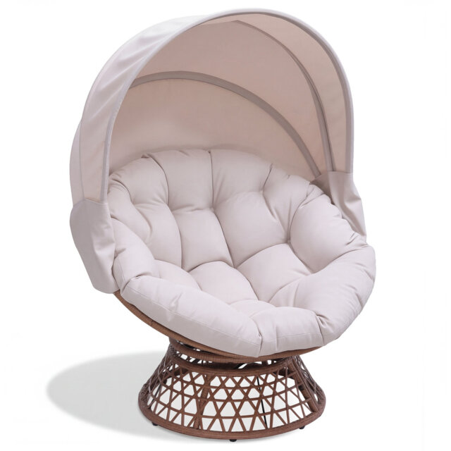 Outdoor Papasan Chair With Canopy, Wicker Rattan Egg Moon Chair With Cushion, 360° Swivel Patio Lounge Chair For Garden, Backyard, Balcony