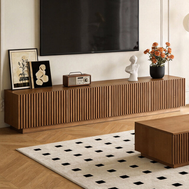 TV Media Unit with Cable Management, 220cm Wide in Walnut Finish, Multi-Shelf Storage Design