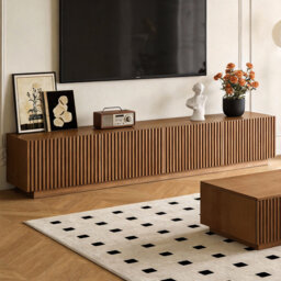 TV Media Unit with Cable Management, 220cm Wide in Walnut Finish, Multi-Shelf Storage Design