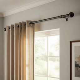 Adjustable Metal Curtain Pole with Rings & Brass Finials – Extendable Curtain Rod Set