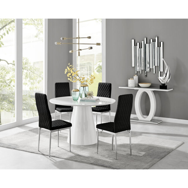 Beca Statement Pedestal Round Dining Table Set & 4 Luxury Velvet Dining Chairs