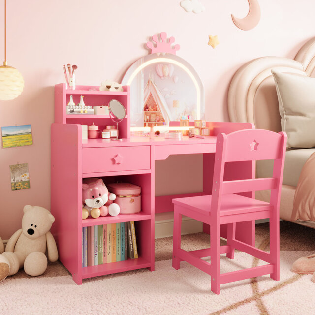 LED Crown Mirror Kids Vanity Table & Chair Set – Spacious Wooden Makeup Desk with Open Bookshelf, Storage Drawers – Ideal for Bedroom or Playroom, Pin