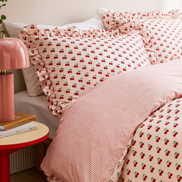 Cherry Print Duvet Cover Set Pink Ruffle Polycotton Bedding with Pillowcases