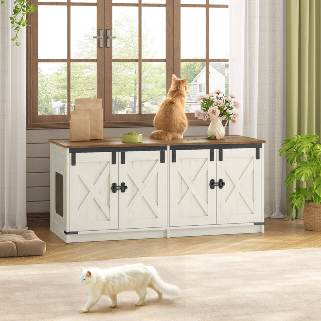 Cat Litter Box Enclosure for 2 Cats, Hidden Litter Box Furniture Cabinet, Indoor Cat House, Farmhouse Style, 119 x 48 x 53.5 cm