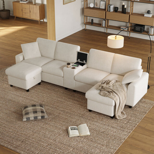 U-Shaped Corduroy Sofa with Storage Ottomans & Charging Station, Family-Friendly