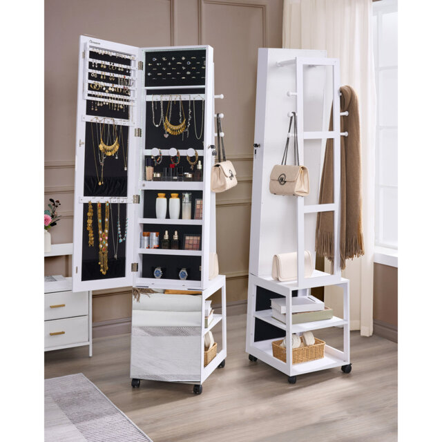 8 LEDs Mirror Jewelry Armoire, Jewelry Organizer with Garment Rack, Lockable Full-length Mirror with 4 Wheels, Storage Shelves with Hooks, 5-in-1, Whi