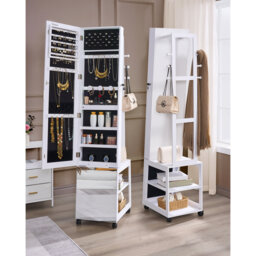 8 LEDs Mirror Jewelry Armoire, Jewelry Organizer with Garment Rack, Lockable Full-length Mirror with 4 Wheels, Storage Shelves with Hooks, 5-in-1, Whi