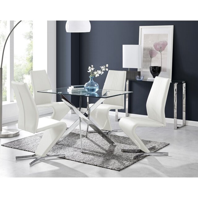 Lenworth Chrome and Glass Rectangular Dining Table Set with 4 Modern Design Faux Leather Chairs