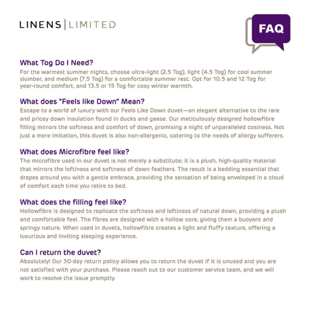 Linens Limited Feels Like Down Duvet, Made in the UK, Luxurious Quilt, Soft and Comfy, Ultra-Fine Siliconised Hollowfibre, Machine Washable (White) -