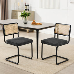 Crumley 47.8cm Dining Chair with Natural Rattan Backrest, Upholstered Seat and Steel Frame