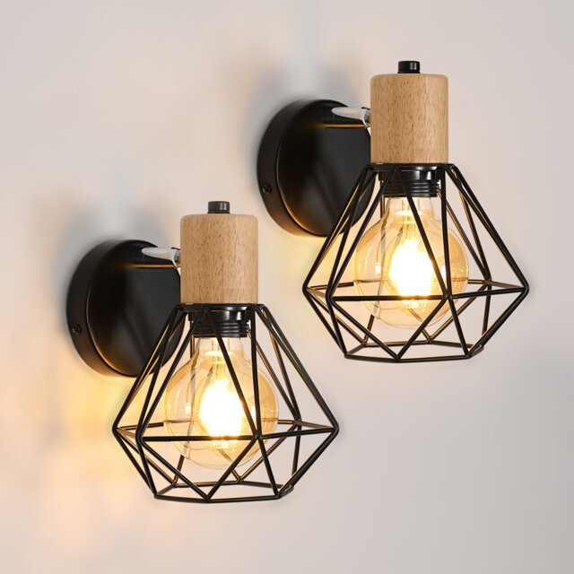 Black 20cm Iron Diamond Wooden LED Wall Light