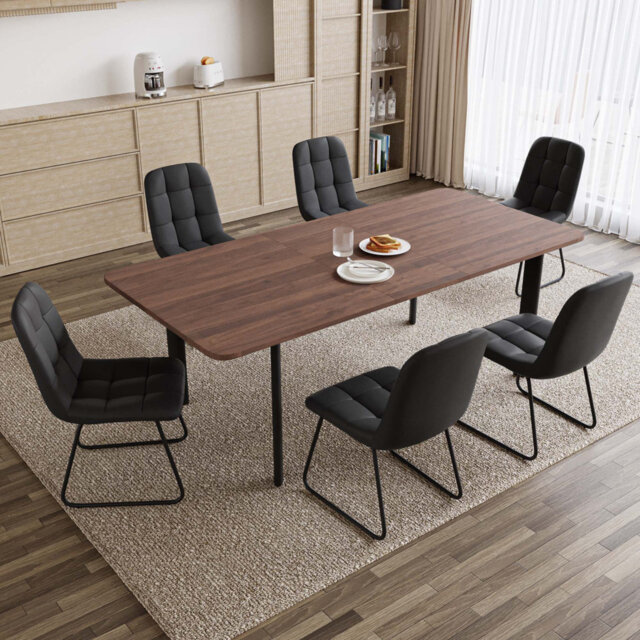 Extendable Dining Table Set For 6-8 People,160 To 200 Cm  Mdf Kitchen Table With 6 Upholstered Chairs, Space-Saving For Dining Room, Breakfast Nook