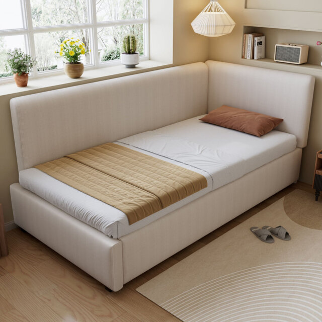 Beige Corduroy Upholstered Daybed with Secure Side Rails