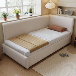 Beige Corduroy Upholstered Daybed with Secure Side Rails