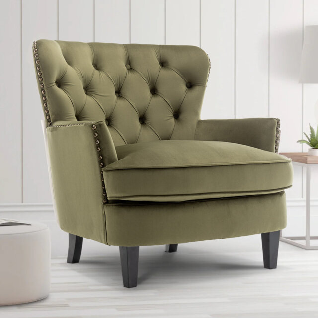 Higgenbotham Velvet Wingback Accent Chair with Button-Tufted Back and Nailhead Trim