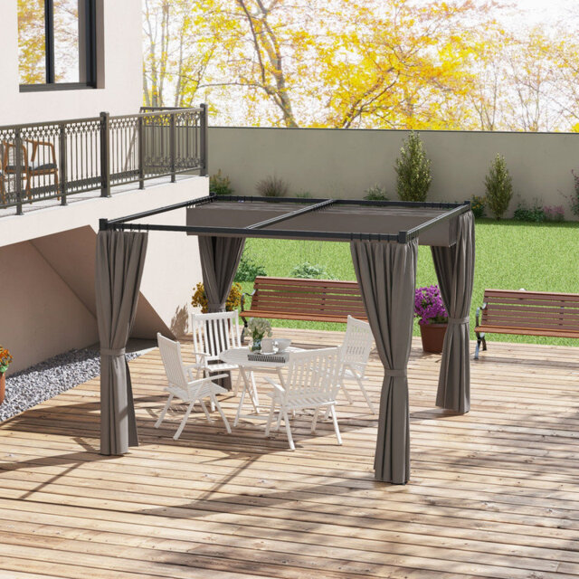 3 x 3m Grey Metal Pergola with Retractable Moving Canopy and Privacy Curtains for Outdoor Garden and Patio Use
