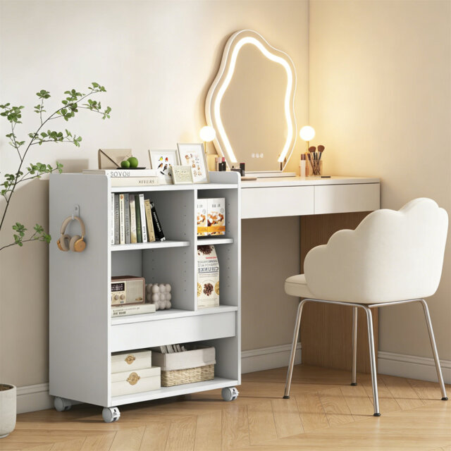 Sofa Side Table, Mobile Bedside Table Storage Cabinet With Drawer, Adjustable Shelves, Open Compartments And Hooks, Wooden Snack End Table On Wheels F