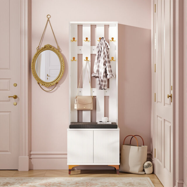 Modern Ribbed Hall Tree With Shoe Storage, Hallway Unit With Padded Bench, Hall Stand With 8 Gold Hooks