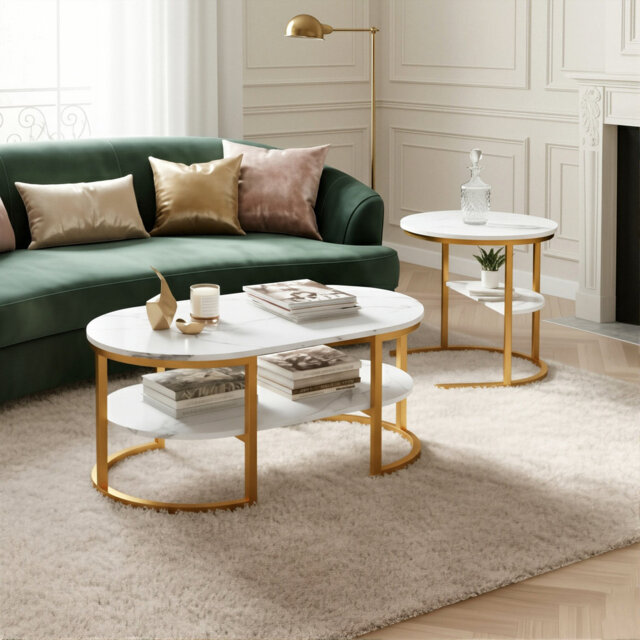 80Cm Modular Coffee Table Set (Set Of 2), Interlocking Round Side Table & Oval Table With Shelf,