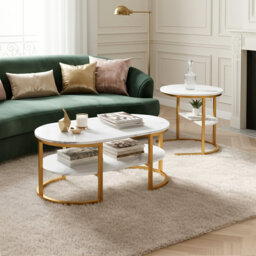 80Cm Modular Coffee Table Set (Set Of 2), Interlocking Round Side Table & Oval Table With Shelf,