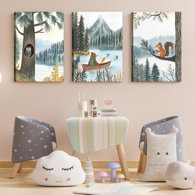 Woodland Animal Canvas Wall Art Set Of 3 Bear Owl & Squirrel Posters Prints Adventure Theme Nursery Pictures Wall Decor For Kids Bedroom Or Playroom R