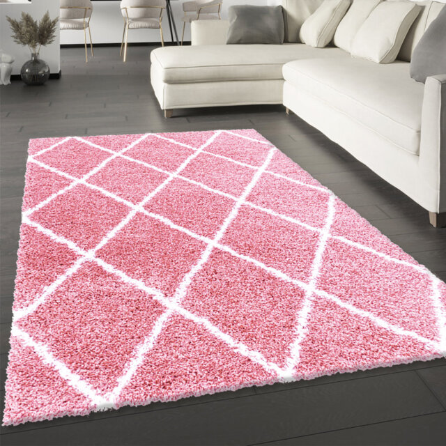 Fluffy Rug Pink Blush Shaggy Carpet Soft Thick Large Small Geometric Dimaond Pattern For Living Room Bedroom