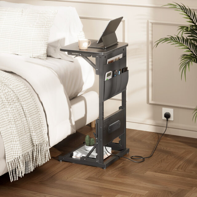 Folding Side Table with Charging Station, C-Shaped End Table with Storage Pockets,Scratch-resistant and Waterproof Panel.Multi-functional Nightstand f