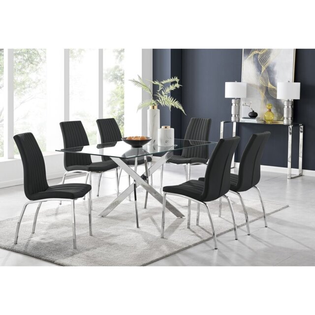 Lenworth Chrome and Glass Rectangular Dining Table Set with 6 Soft Touch Faux Leather Chairs