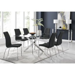 Lenworth Chrome and Glass Rectangular Dining Table Set with 6 Soft Touch Faux Leather Chairs