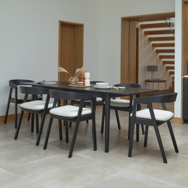 Black Oak Extending Dining Table Set - 6 Seater - Off White Boucle Chairs - Black Oak Legs