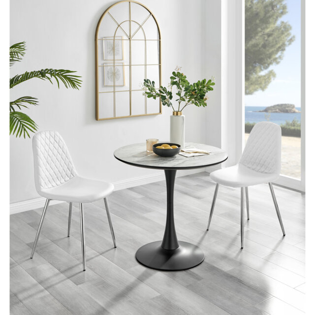 Ellis White Marble Effect Melamine Round Dining Table Set with 2 Luxury Faux Leather Dining Chairs