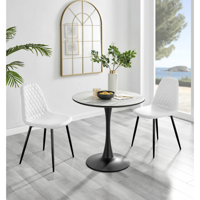 Ellis White Marble Effect Melamine Round Dining Table Set with 2 Luxury Faux Leather Dining Chairs